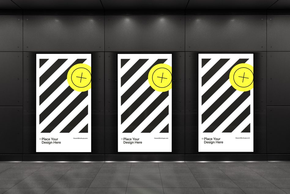 Billboard mockups in a modern gallery with black and white diagonal stripes design, bright yellow circles, and placeholders for branding.