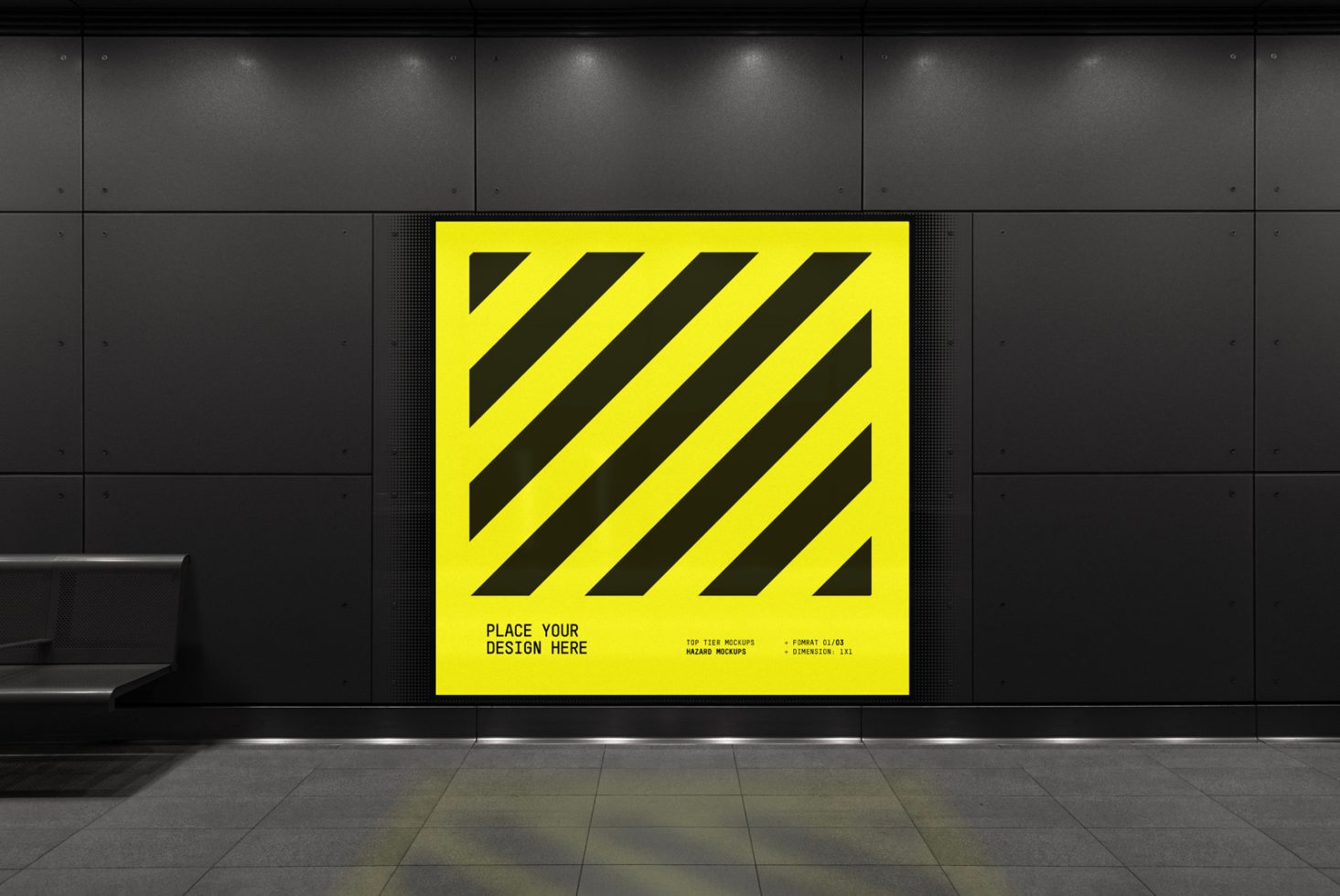 Modern billboard mockup in metro station setting with striking yellow graphic design, ideal for posters, ads, and signage presentations.