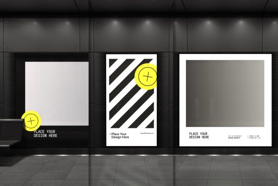 Modern billboard mockups in a subway setting for advertising presentations featuring three placeholders for design showcase. Perfect for designers' portfolios.