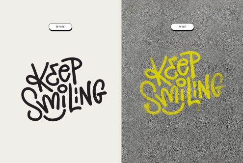 Keep Smiling graffiti text before after mockup yellow spray paint on concrete
