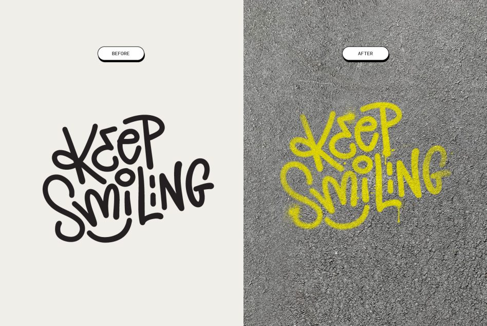 Keep Smiling graffiti text before after mockup yellow spray paint on concrete