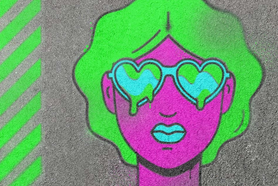 Neon pop art street mural girl bright green pink magenta with heart shaped sunglasses