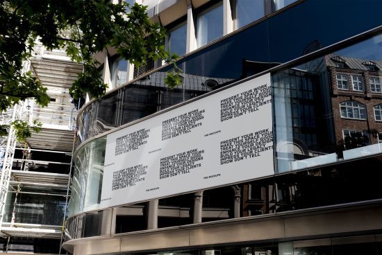 Outdoor advertisement mockups displayed on a modern building's facade in an urban setting, reflecting sky and surrounding architecture.
