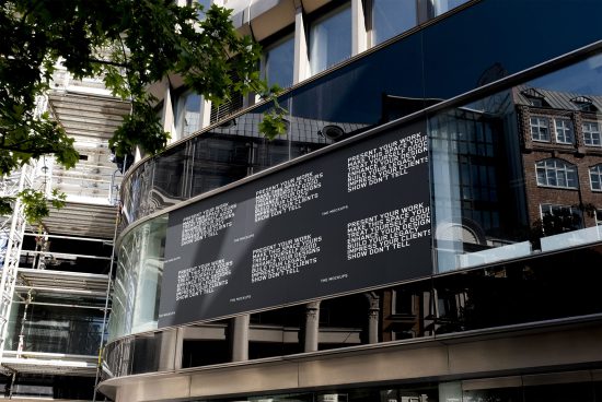 Urban billboard mockup on a glass facade for presenting design work, suitable for graphic designers and ad agencies.