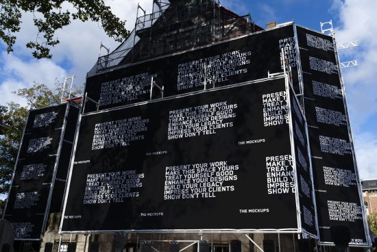Billboard mockups featuring white typography on a black background, advertising designer services in an urban setting with scaffolding and trees.