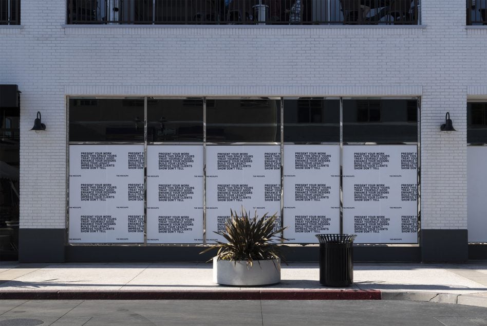 Large retail window mockup spanning multiple panes with text layouts