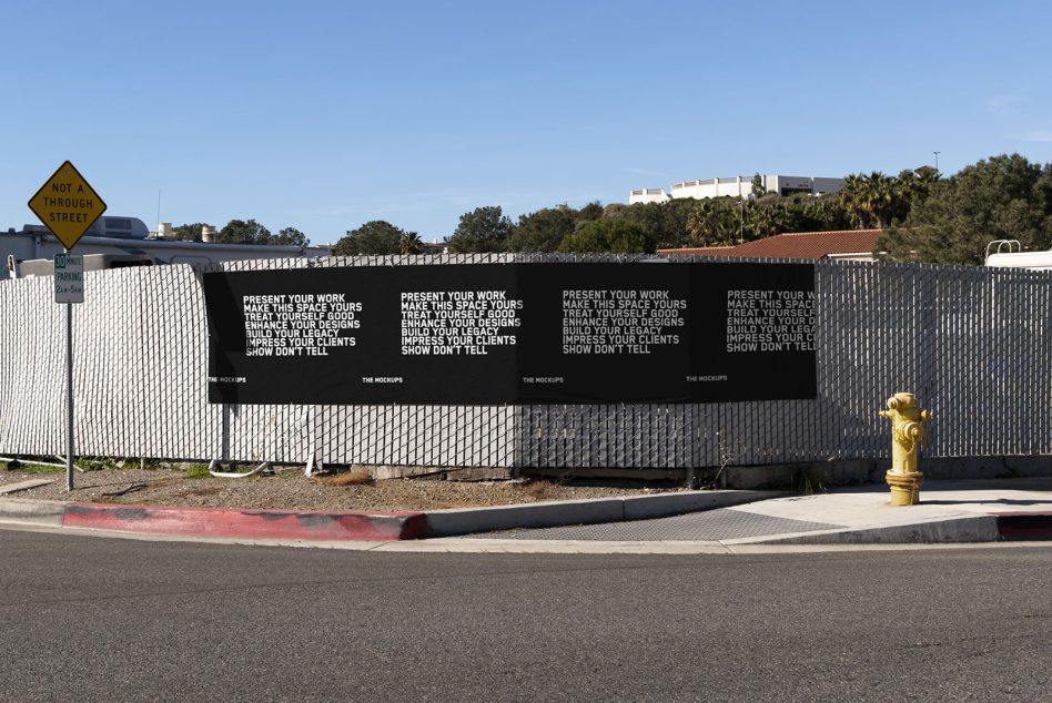 Outdoor graphic design mockup featuring black banners with white bold text for advertising, against urban background with clear skies.