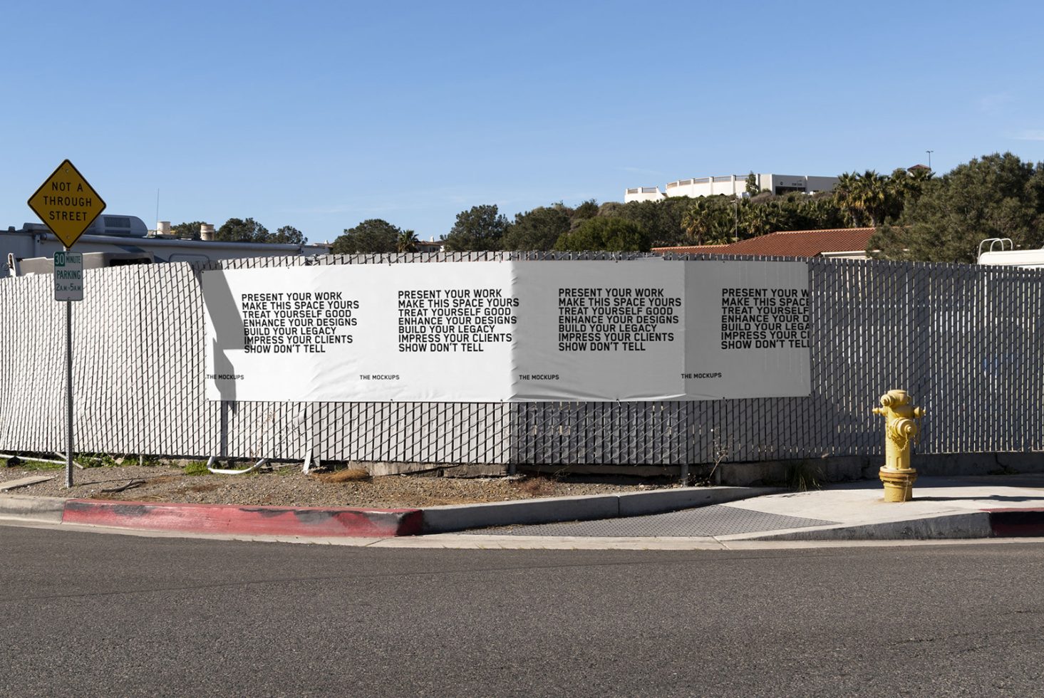 Outdoor billboard mockups on urban fence displaying motivational design slogans, perfect for presenting graphic work and advertising concepts.