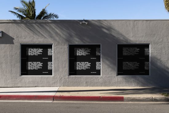 Three framed poster mockups on a sunny urban wall with palm trees and shadows for showcasing graphic designs and fonts.