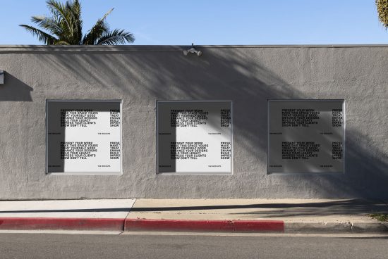 Urban poster mockup on a sunny wall with palm tree shadows, perfect for designers to display ads or branding graphics.