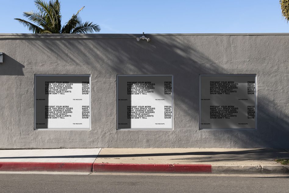 Three window mockups with light backgrounds on modern concrete building facade