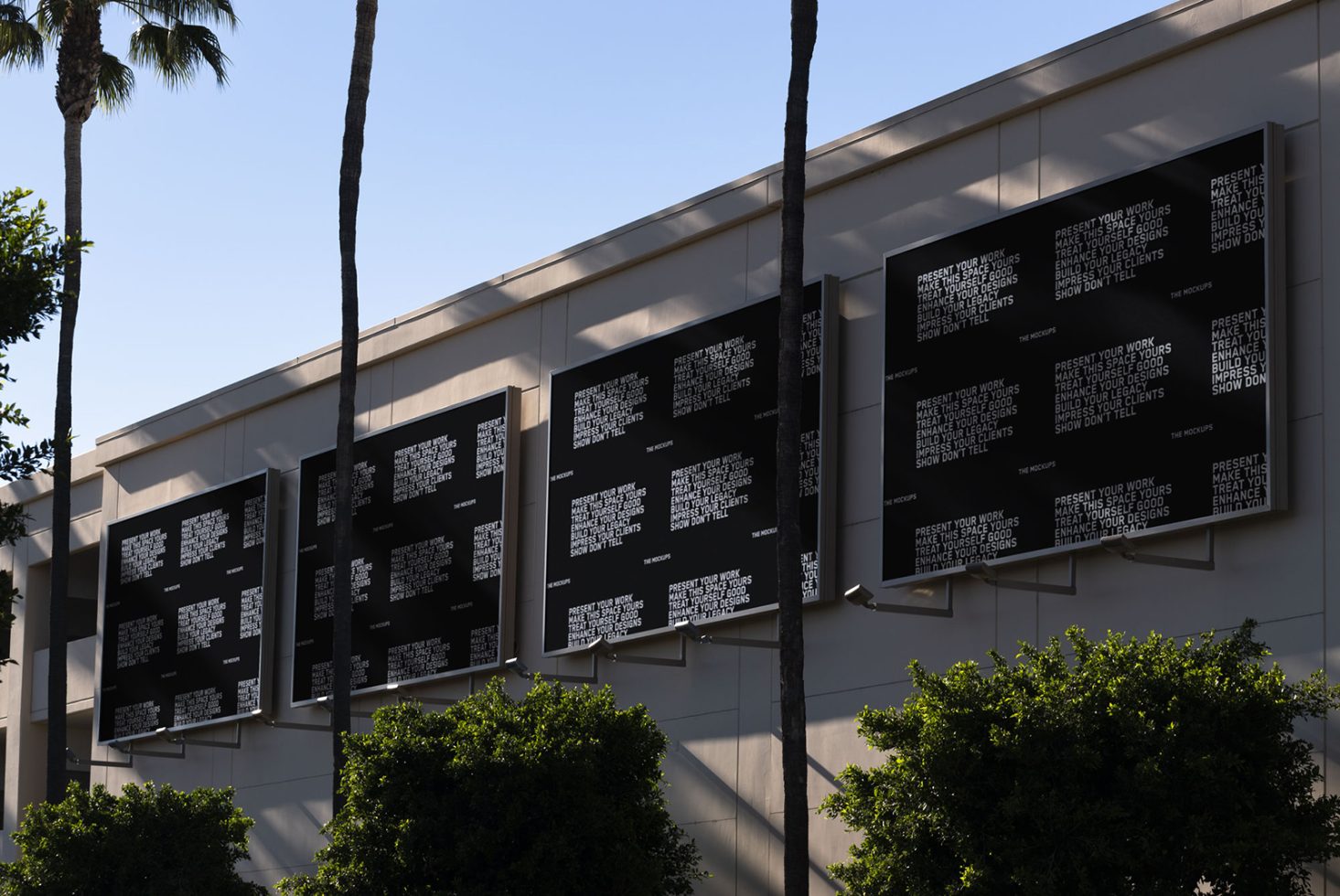 Outdoor billboard mockups on building facade with palm trees, ideal for presenting advertising designs to clients in realistic urban settings.