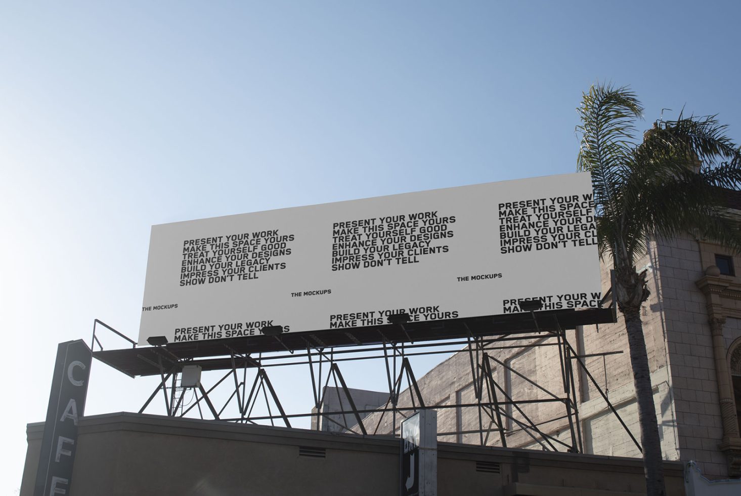 Billboard mockup on a sunny day with clear blue sky ideal for presenting design projects and advertising campaigns to clients.