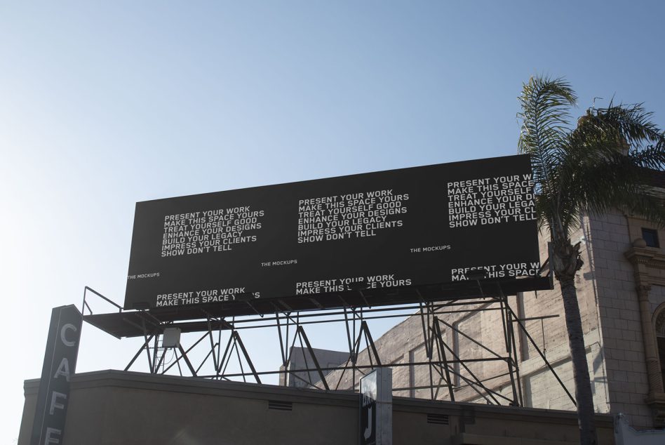 Dark billboard mockup on metal framework overlooking urban street