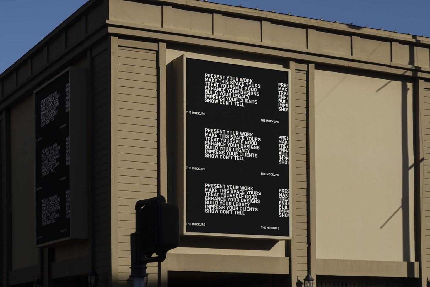 Outdoor advertising mockup on building facade with clear and bold text for presentations and portfolio display, suitable for graphic designers.