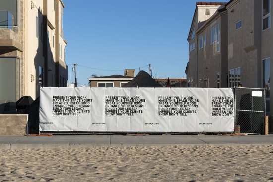 Urban billboard mockup for design presentations, placed on a fence in a sandy lot with clear sky background, encouraging impactful showcases.
