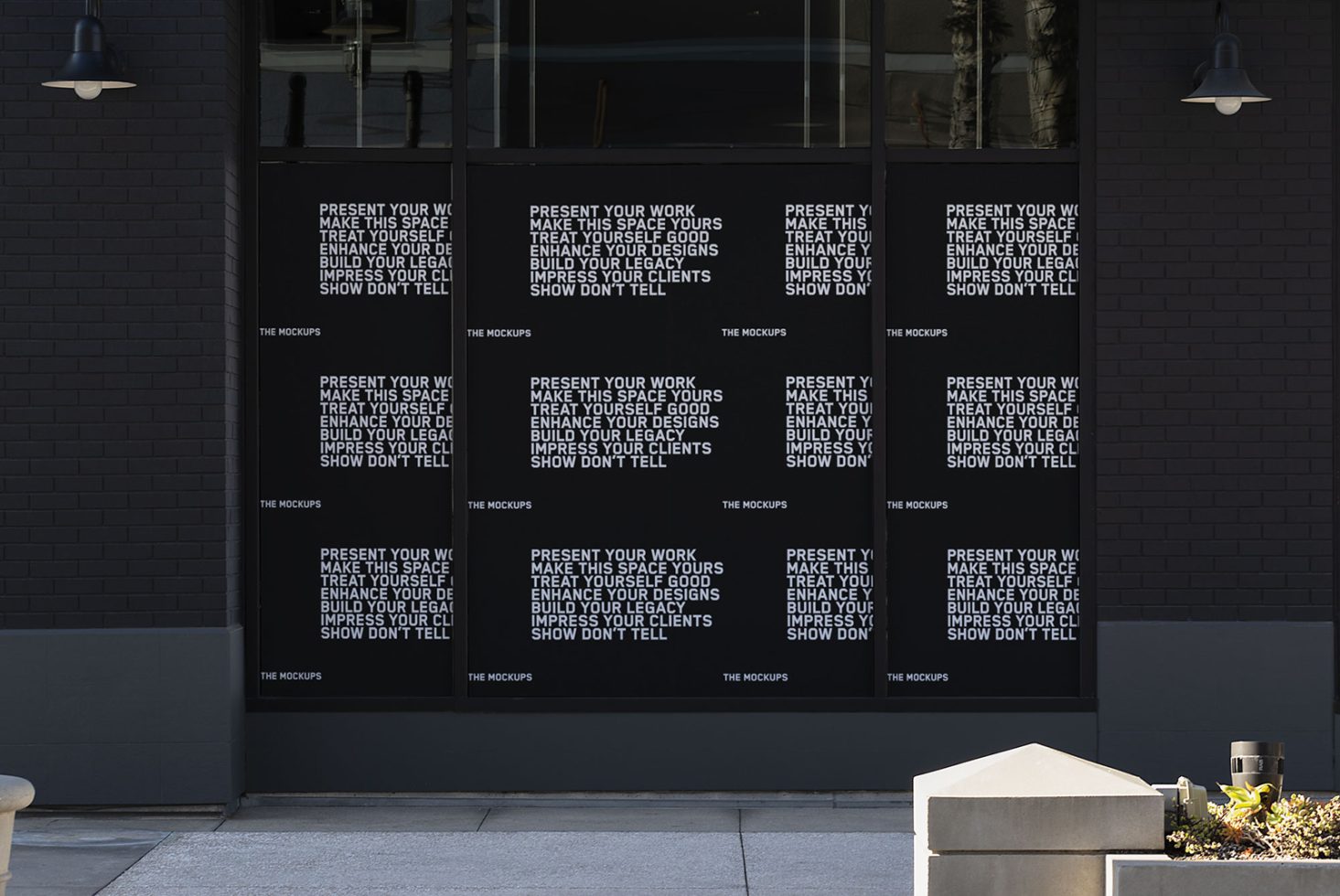 Storefront window posters mockup with inspirational design slogans, ideal for showcasing branding projects and graphic designs to clients.