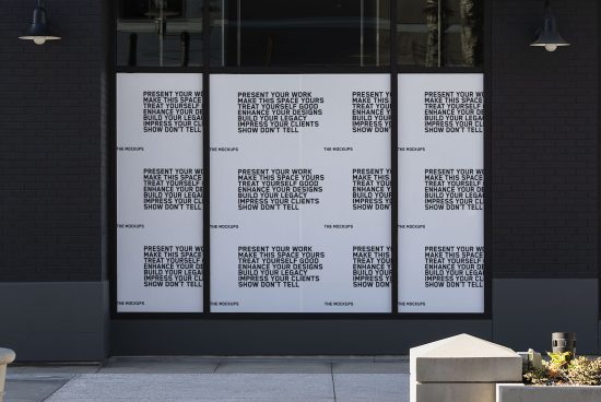 Modern poster mockups displayed on a building exterior with urban chic design perfect for designers looking to showcase branding work.