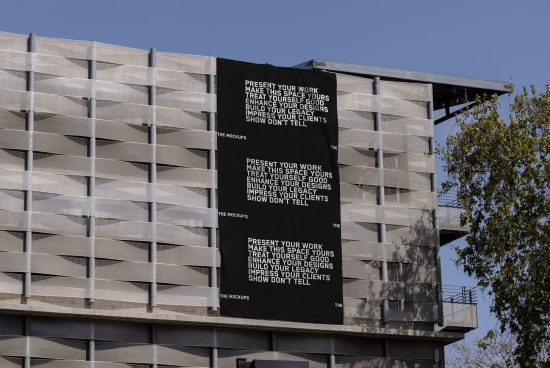 Outdoor billboard mockup on building with inspirational design phrases for advertising, graphic design, and typography presentation.