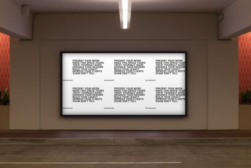 Interior billboard mockup in a modern gallery setting, ideal for designers to showcase advertising, graphic designs, and branding.