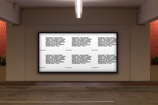 Interior billboard mockup in a modern gallery setting, ideal for designers to showcase advertising, graphic designs, and branding.