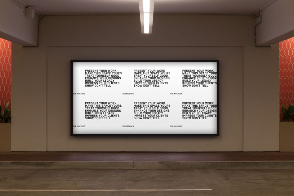 Interior billboard mockup in a modern gallery setting, ideal for designers to showcase advertising, graphic designs, and branding.