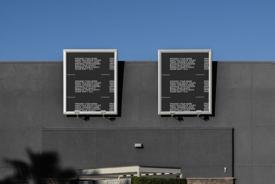 Outdoor billboard mockups mounted on a modern building facade under a clear blue sky suitable for displaying designs and advertising content.