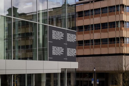 Urban poster mockup on glass building exterior, reflecting city architecture, ideal for branding presentations and design showcases.