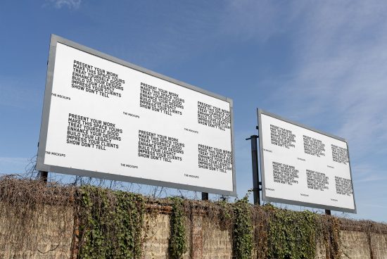 Double billboard outdoor advertising mockup in daylight with clear blue sky, ideal for graphic designers to showcase work.