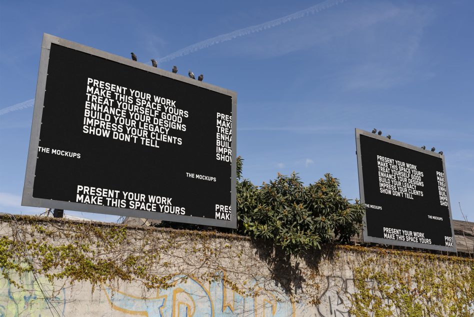 Urban billboard mockups for presenting designs with a slogan, blue sky, overgrown wall, targeted for graphic designers.