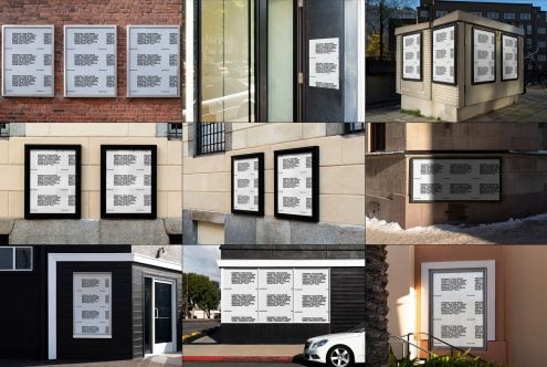 Street poster mockups on brick facades, glass storefronts, outdoor bus shelters