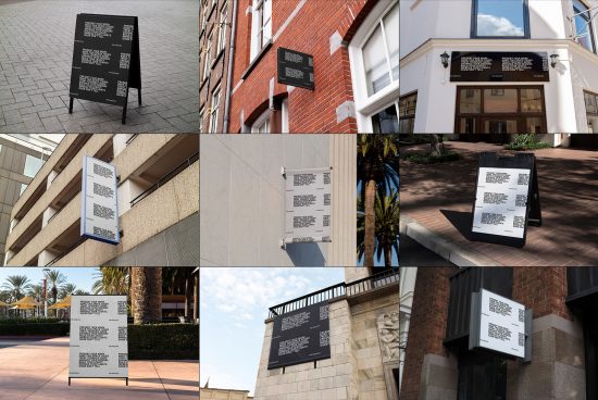Collage of outdoor signage mockups in various urban settings, ideal for presenting branding and advertising designs to clients.