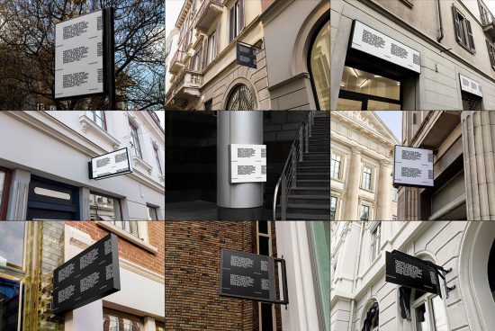 Collage of outdoor signage mockups on various building facades, ideal for branding presentation for designers.