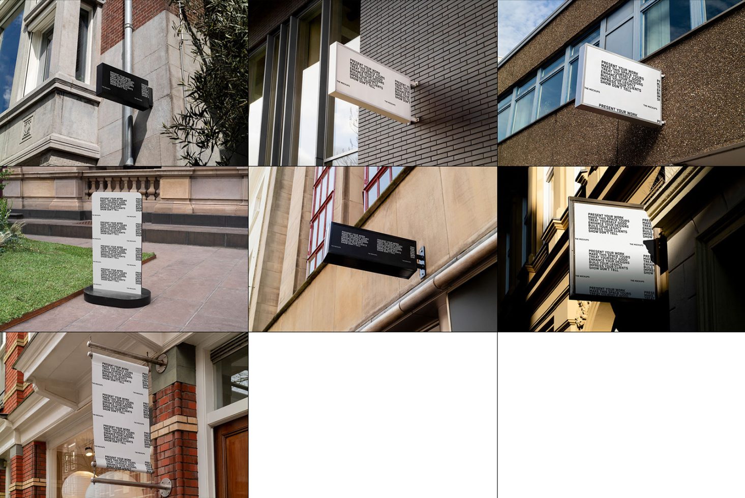 Outdoor signage mockups displayed in various urban settings, ideal for designers to showcase branding projects.