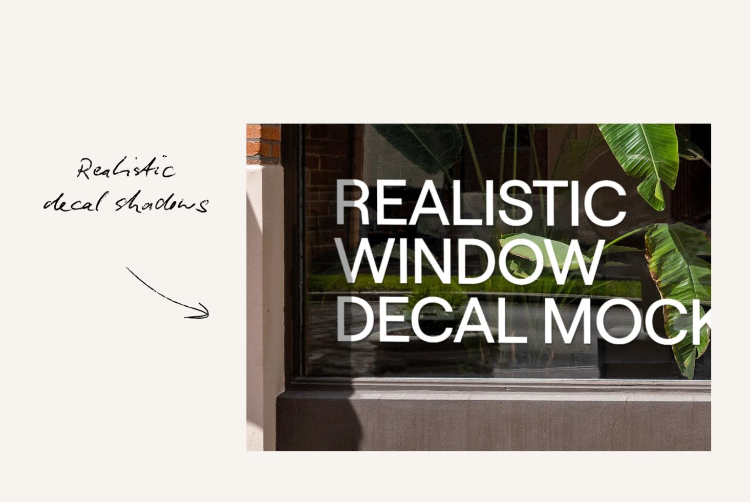 Realistic window decal mockup showing brick wall, glass reflections, and shadows, perfect for design presentations.