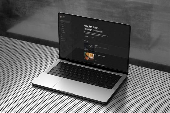 Laptop on desk with designer portfolio on screen, modern template mockup, sleek user interface, web design presentation, professional mockup for designers.