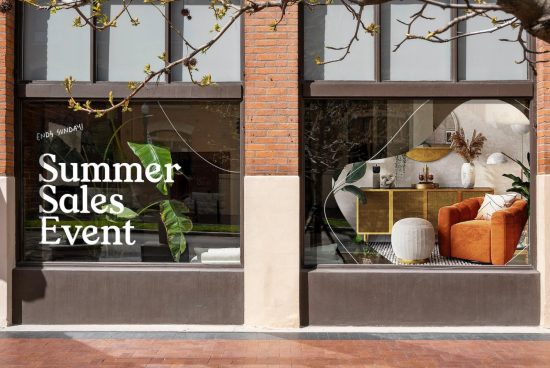 Bright storefront window display with bold Summer Sales Event sign for template mockup design, featuring stylish interior decor and furniture.