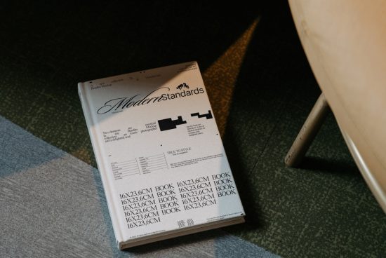 Printed materials mockup with a focus on design showcasing a sample magazine or catalog titled Modern Standards lying on a textured floor beside a chair.