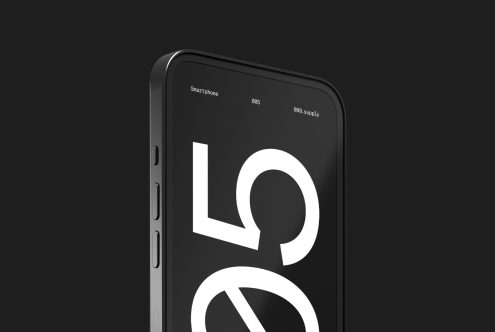 Smartphone mockup with a bold typography design on screen, ideal for presenting font or app designs, set against a dark background.