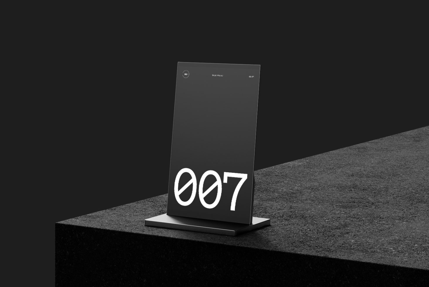 Elegant black and white standee mockup on textured surface showcasing bold 007 design, ideal for presentations and displays in graphic design.