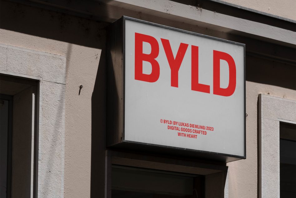 Outdoor sign mockup with the word BYLD in bold typography, ideal for branding, signage design display, and presentation to designers.