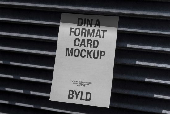 DIN A format card mockup with typography pinned on a black blind, realistic shadows for presentation. Suitable for design showcase, graphics.