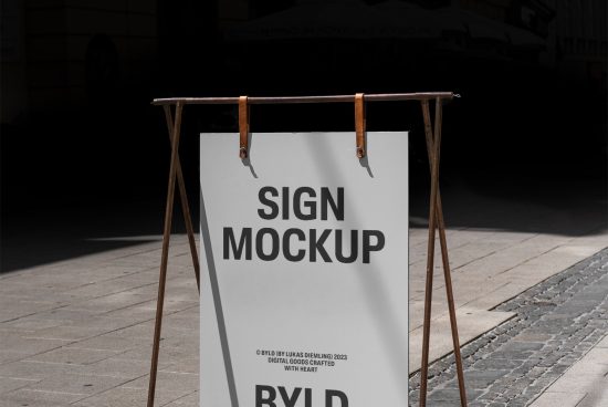 Realistic street sign mockup on wooden easel, ideal for outdoor advertising design presentation, clear and modern style.