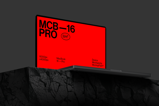 Laptop mockup with red screen on textured background for graphic design presentations, high resolution, modern device display.