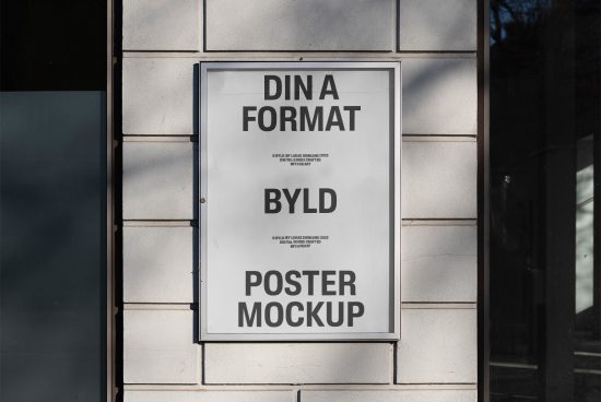 Urban street poster frame mockup on building wall, clear sunny day, realistic presentation for graphic designers, suitable for posters, ads display.