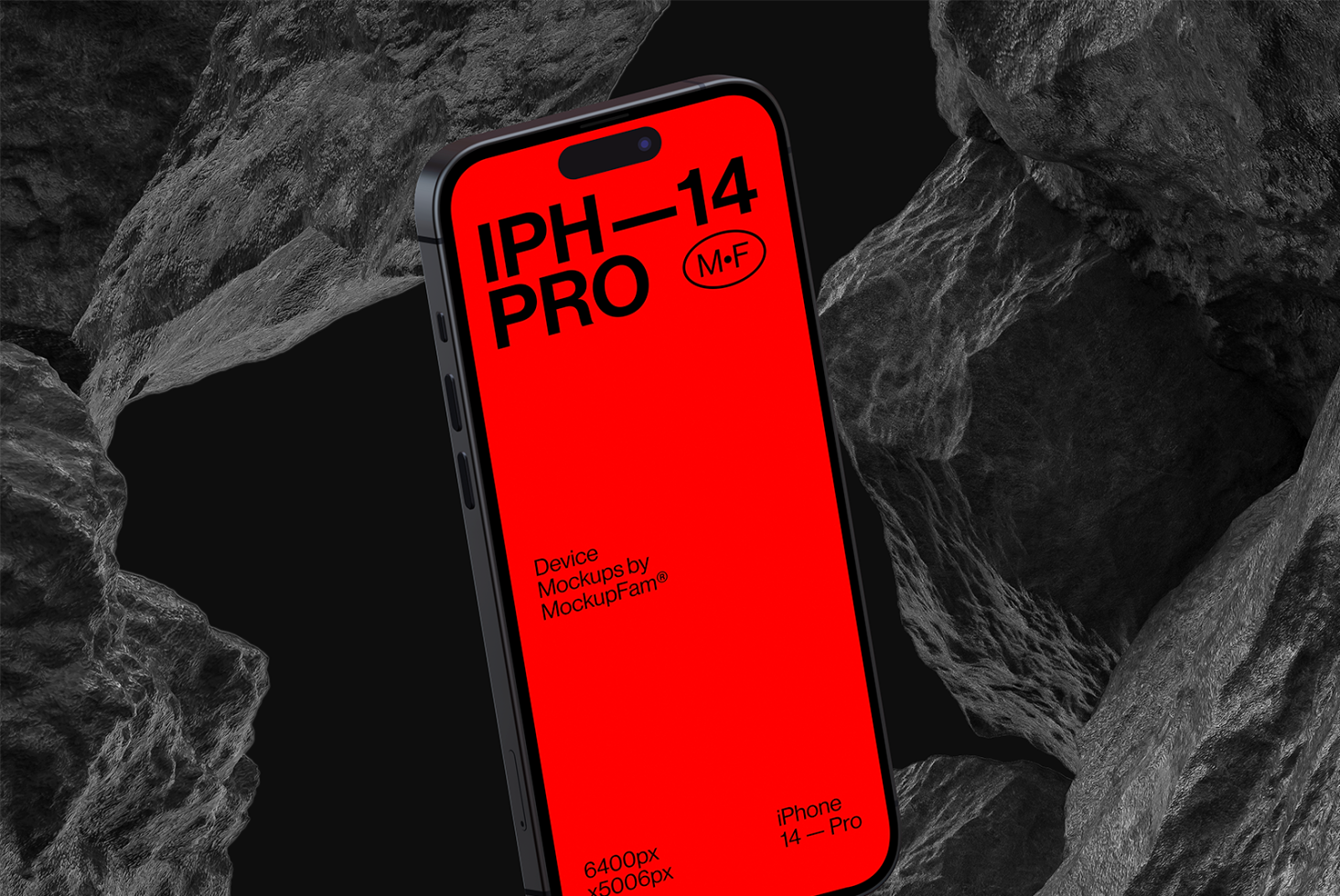 Smartphone mockup template displayed on dark textured background, high-detail iPhone 14 Pro model for design presentations.