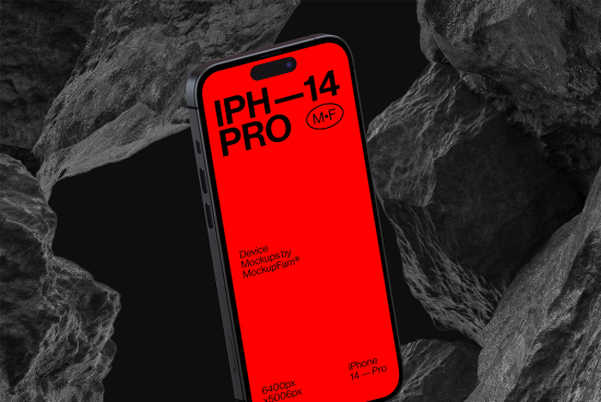 Smartphone mockup template displayed on dark textured background, high-detail iPhone 14 Pro model for design presentations.