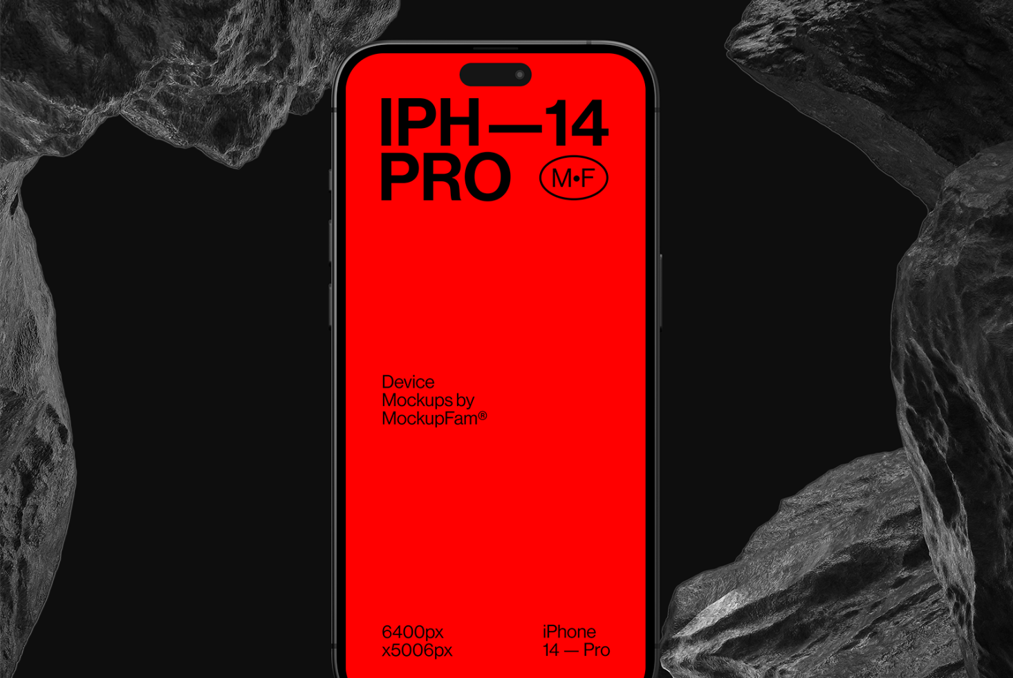 Modern iPhone 14 Pro mockup with a red screen on a textured black background, ideal for designers to showcase app designs.