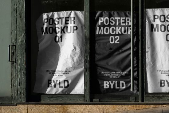 Street-level poster mockups displayed in urban setting, ideal for realistic presentation, showcasing design work, and enhancing portfolios.