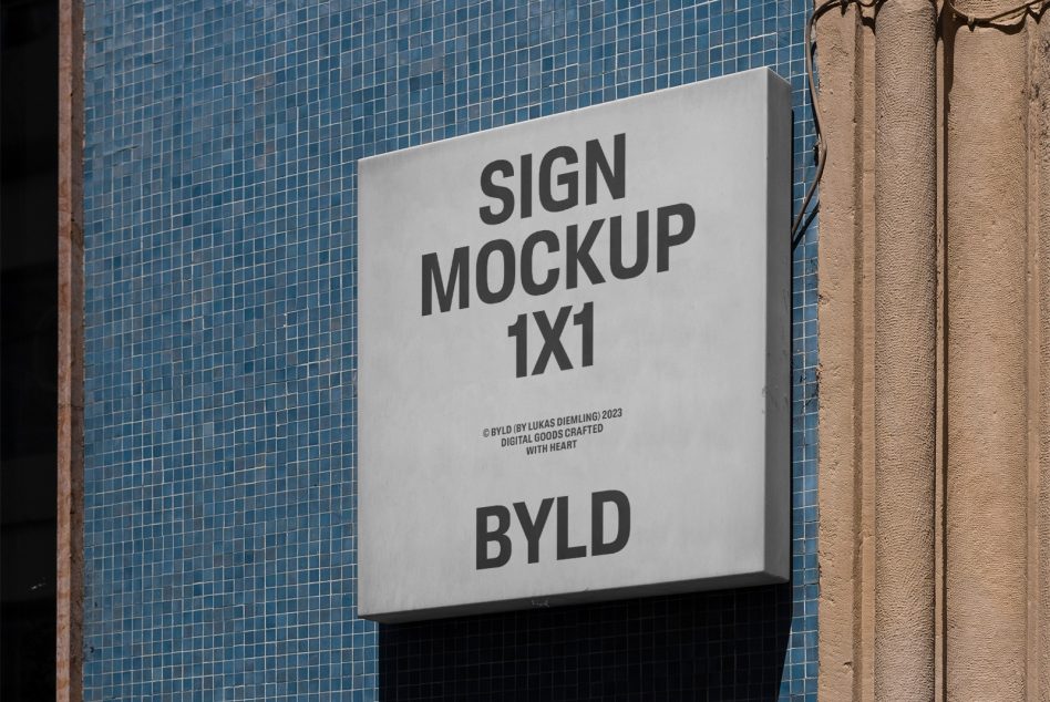 Urban exterior sign mockup 1x1 on tiled blue wall displaying design space, ideal for branding projects and graphic designers.